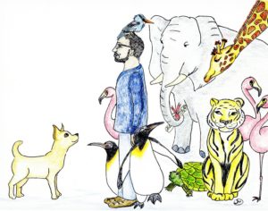 Ricky with his doploma and many animal freinds drawing